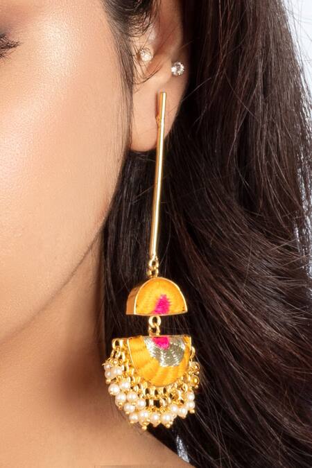 Bauble Bazaar_Yellow Pearls, Embroidery Sunshine Bloom Thread And Danglers _Online_at_Aza_Fashions