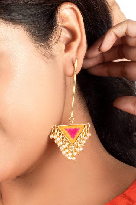 Bauble Bazaar_Yellow Pearls, Embroidery Embellished Triangle Danglers _Online_at_Aza_Fashions