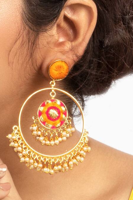 Bauble Bazaar_Yellow Pearls, Embroidery Thread Chandbalis _Online_at_Aza_Fashions