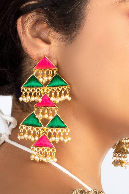 Bauble Bazaar_Green Pearls, Embroidery Triangle Shaped Dangler Earrings _Online_at_Aza_Fashions