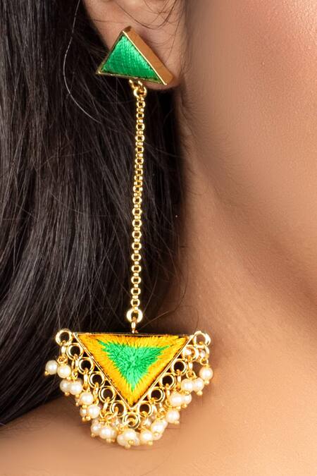 Bauble Bazaar_Yellow Pearls, Embroidery Triangle Shaped Gold Plated Dangler Earrings _Online_at_Aza_Fashions