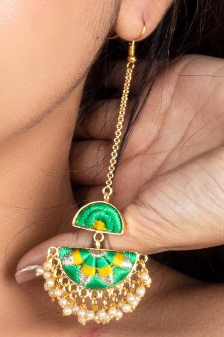 Bauble Bazaar_Yellow Pearls, Embroidery Gold Plated Half Crescent Long Earrings _Online_at_Aza_Fashions