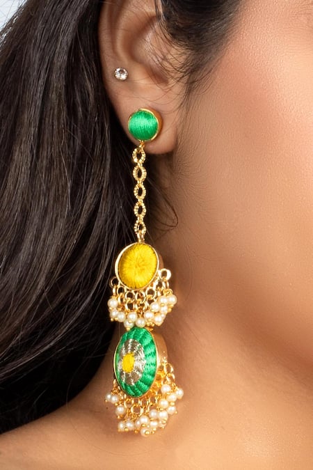 Bauble Bazaar_Yellow Pearls, Embroidery Geometric Thread Danglers _Online_at_Aza_Fashions