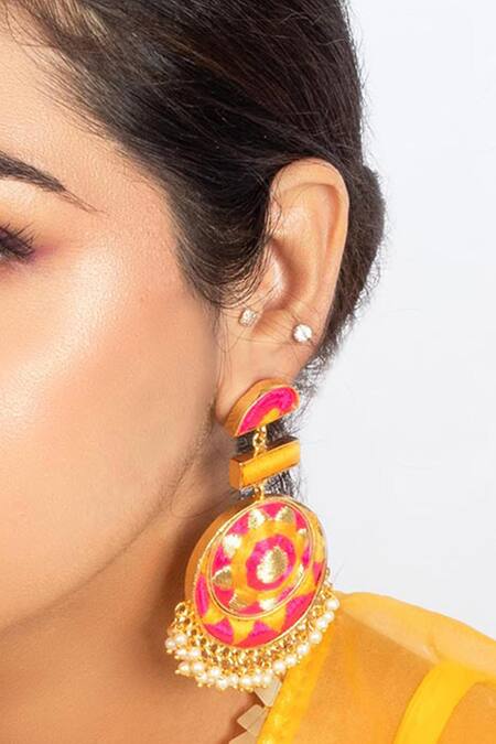 Bauble Bazaar_Yellow Pearls, Embroidery Threadwork Danglers _Online_at_Aza_Fashions