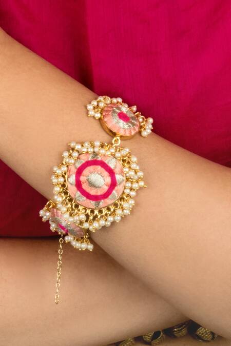 Bauble Bazaar_Pink Pearls, Embroidery Peach Jewellery Set _Online_at_Aza_Fashions