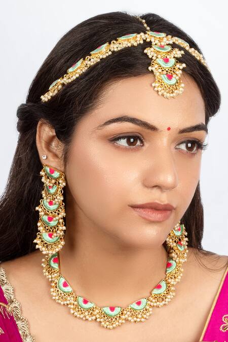 Bauble Bazaar_Blue Pearls Thread Embroidered Choker Set _Online_at_Aza_Fashions