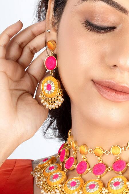 Bauble Bazaar_Yellow Pearls, Embroidery Thread Choker Set _Online_at_Aza_Fashions