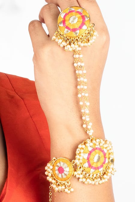 Bauble Bazaar_Yellow Pearls, Embroidery Threadwork Choker Set _Online_at_Aza_Fashions