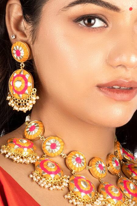 Buy_Bauble Bazaar_Yellow Pearls, Embroidery Threadwork Choker Set _Online_at_Aza_Fashions