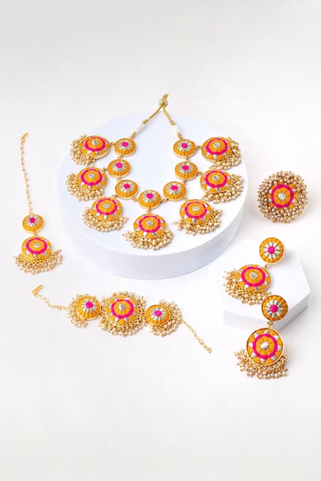 Bauble Bazaar_Yellow Pearls, Embroidery Threadwork Choker Set _at_Aza_Fashions