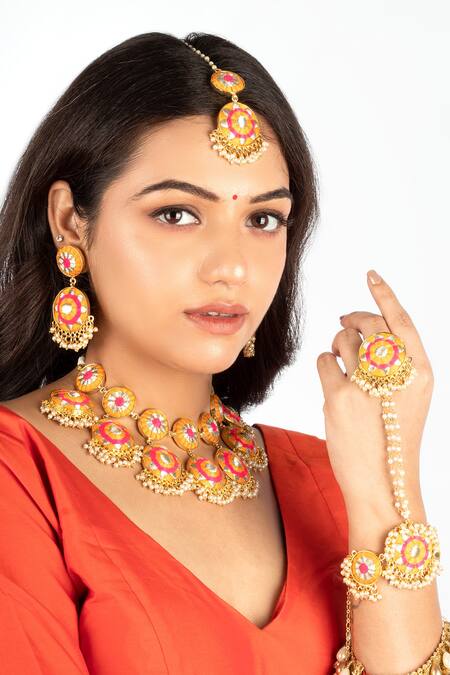 Buy_Bauble Bazaar_Yellow Pearls, Embroidery Threadwork Choker Set 