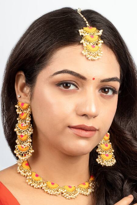 Bauble Bazaar_Yellow Pearls, Zari Flower Shaped Choker Set _Online_at_Aza_Fashions