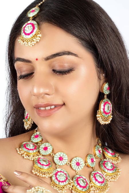 Bauble Bazaar_White Pearls, Embroidery Blossom Jewellery Set _Online_at_Aza_Fashions