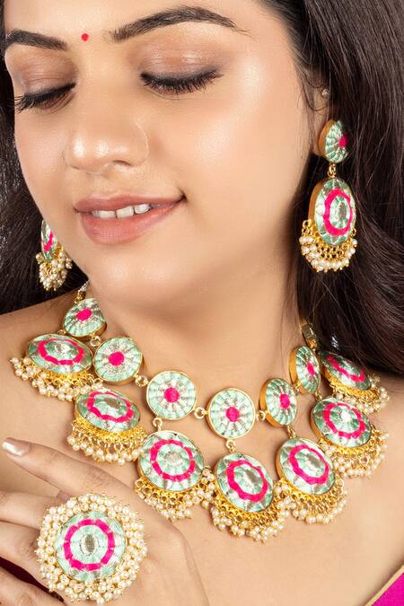 Buy_Bauble Bazaar_White Pearls, Embroidery Blossom Jewellery Set _Online_at_Aza_Fashions