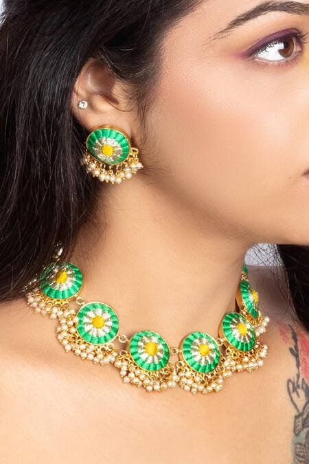Bauble Bazaar_Yellow Pearls, Embroidery Geometric Choker Set _Online_at_Aza_Fashions
