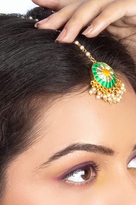 Buy_Bauble Bazaar_Yellow Pearls, Embroidery Geometric Choker Set _Online_at_Aza_Fashions