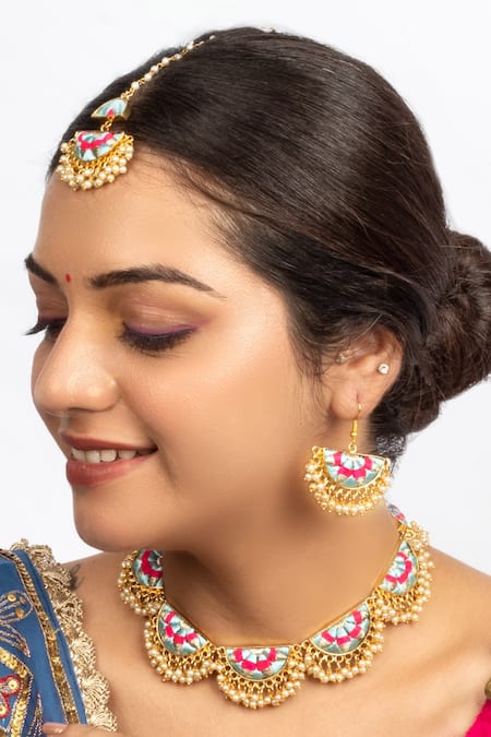 Bauble Bazaar_Blue Pearls, Embroidery Geometric Jewellery Set _Online_at_Aza_Fashions