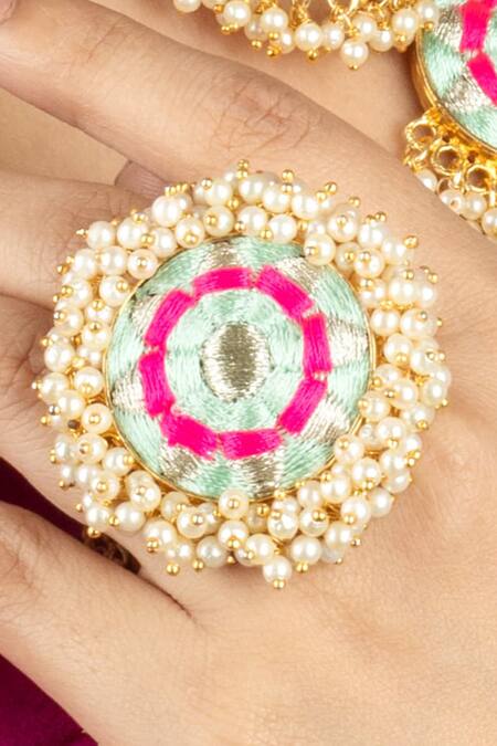 Bauble Bazaar_Blue Pearls, Embroidery Mint Blue-pink Thread Ring _Online_at_Aza_Fashions