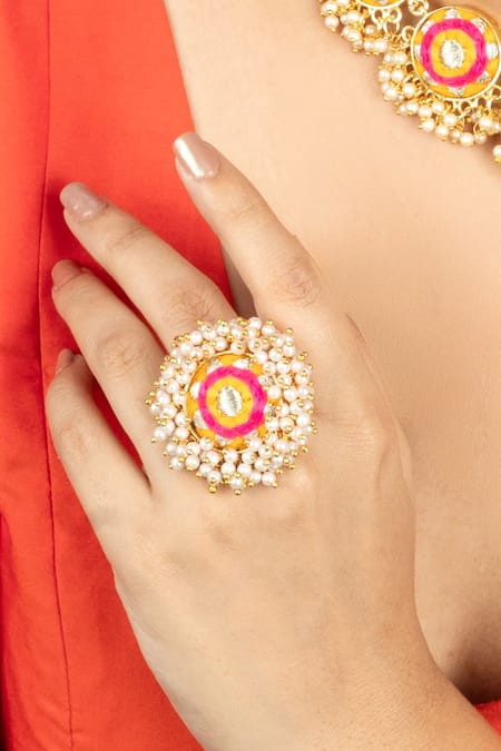 Bauble Bazaar Yellow Pearls, Embroidery Floral Ring With Tassels 