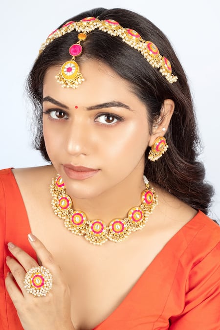 Shop Bauble Bazaar Yellow Pearls, Embroidery Floral Ring With Tassels at Aza Fashions Shop_Bauble Bazaar_Yellow Pearls, Embroidery Floral Ring With Tassels _at_Aza_Fashions