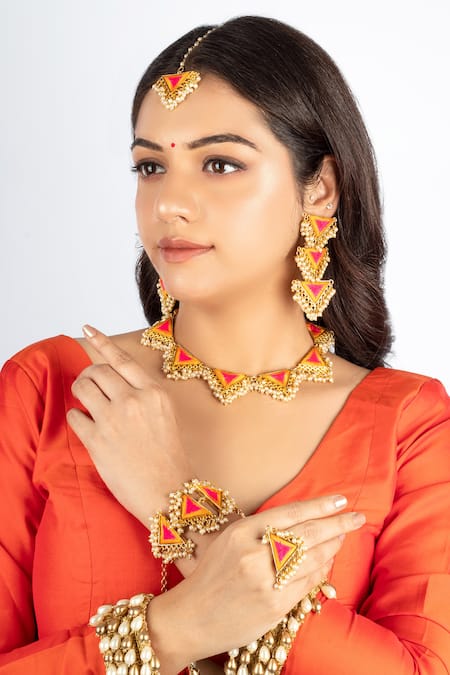 Shop_Bauble Bazaar_Yellow Pearls Mustard Pink Thread Embroidered Ring _at_Aza_Fashions