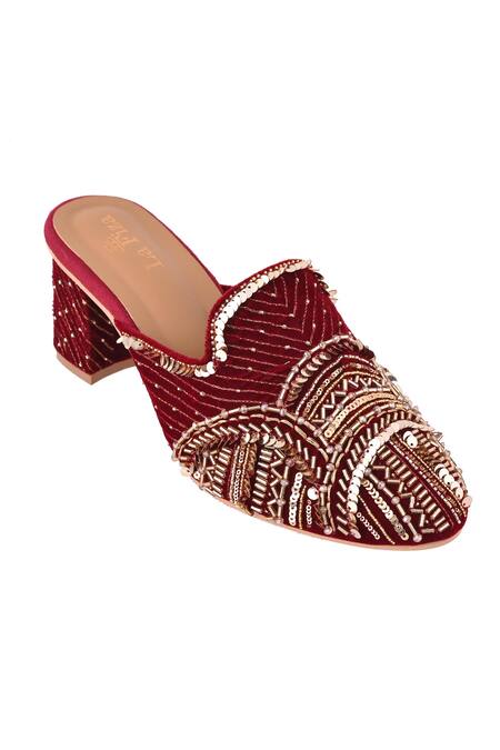 Buy LA Fiza Maroon Cut Work, Sequins, Beads Cutdana And Embroidered Mule Heels Online at Aza Fashions Buy_LA Fiza_Maroon Cut Work, Sequins, Beads Cutdana And Embroidered Mule Heels_Online_at_Aza_Fashions