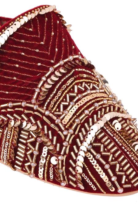 Shop LA Fiza Maroon Cut Work, Sequins, Beads Cutdana And Embroidered Mule Heels Online at Aza Fashions Shop_LA Fiza_Maroon Cut Work, Sequins, Beads Cutdana And Embroidered Mule Heels_Online_at_Aza_Fashions