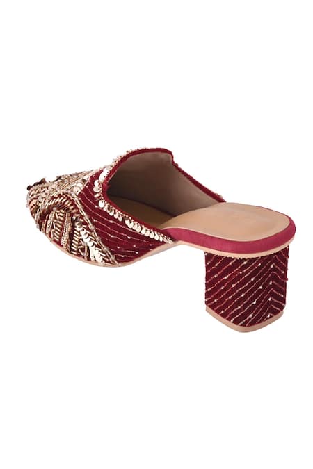 LA Fiza Maroon Cut Work, Sequins, Beads Cutdana And Embroidered Mule Heels at Aza Fashions LA Fiza_Maroon Cut Work, Sequins, Beads Cutdana And Embroidered Mule Heels_at_Aza_Fashions