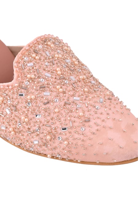 Buy_LA Fiza_Peach Cut Work, Pearls, Beads Cutdana And Embroidered Mule Heels_Online_at_Aza_Fashions