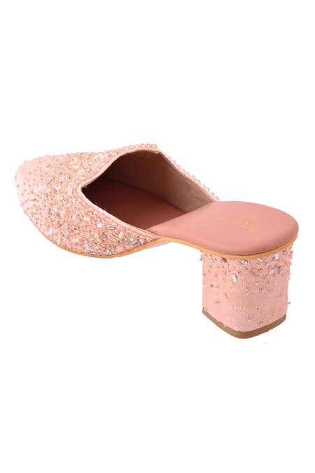 Shop_LA Fiza_Peach Cut Work, Pearls, Beads Cutdana And Embroidered Mule Heels_Online_at_Aza_Fashions