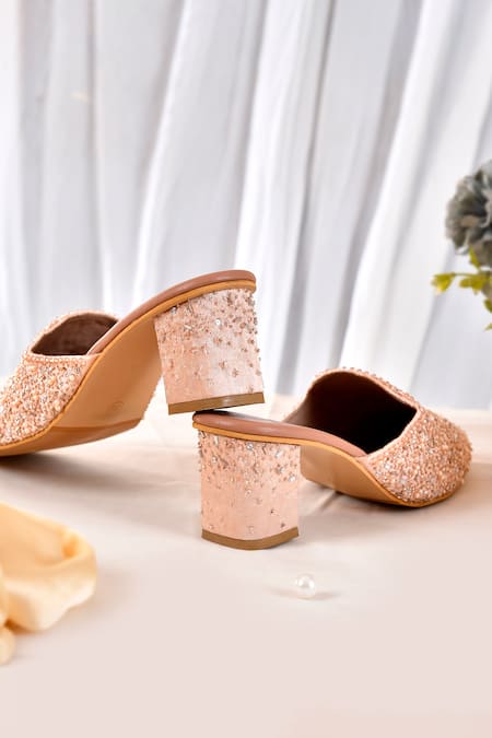 LA Fiza_Peach Cut Work, Pearls, Beads Cutdana And Embroidered Mule Heels_at_Aza_Fashions