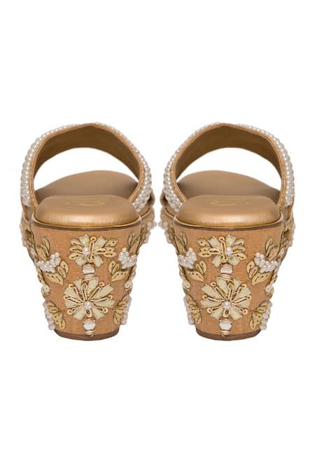 Buy_Kkarma Accessories_Gold Pearls, Sequins Floral Embroidered Wedges _Online_at_Aza_Fashions