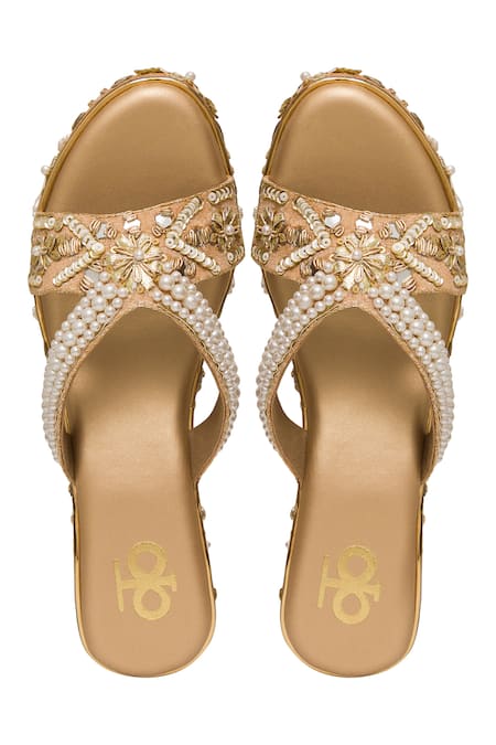 Kkarma Accessories Gold Floral Sequin Embroidered Wedges 
