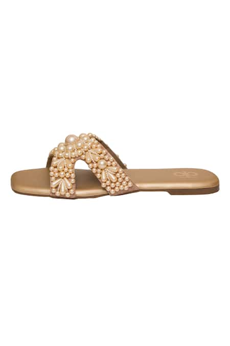 Kkarma Accessories_Off White Pearls Embellished Flats _Online_at_Aza_Fashions