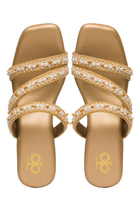 Kkarma Accessories Gold Pearl Bead Embellished Block Heels 