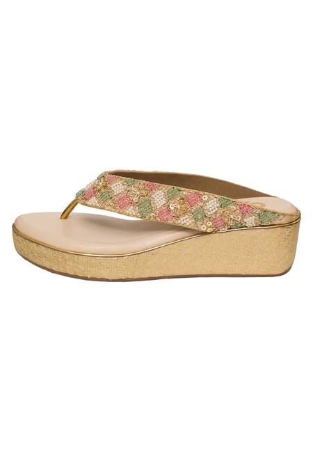 Kkarma Accessories_Beige Beads, Embroidery And Thread Embellished Split Toe Wedges _Online_at_Aza_Fashions