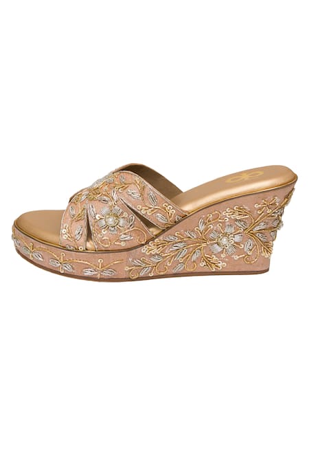 Kkarma Accessories_Rose Gold Pearls, Sequins, Embroidery Wedge Sandals _Online_at_Aza_Fashions