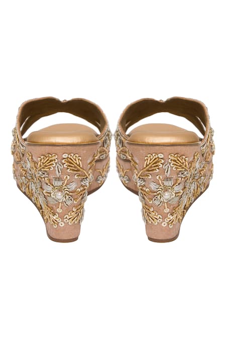 Buy_Kkarma Accessories_Rose Gold Pearls, Sequins, Embroidery Wedge Sandals _Online_at_Aza_Fashions