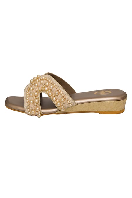 Kkarma Accessories_Rose Gold Pearls Embellished Wedges _Online_at_Aza_Fashions