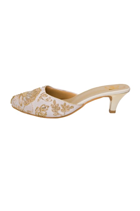 Kkarma Accessories_White Embroidery, Zari Zardozi Kitten Heels _Online_at_Aza_Fashions