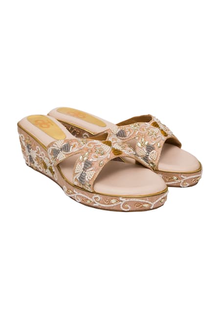 Kkarma Accessories Floral Pearl Embroidered Cross Strap Wedges 