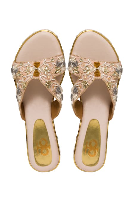 Kkarma Accessories Floral Pearl Embroidered Cross Strap Wedges 