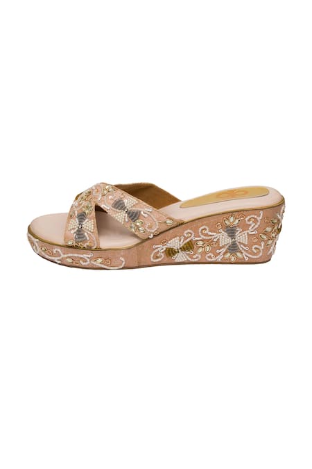 Kkarma Accessories_Rose Gold Pearls, Sequins Floral Embroidered Cross Strap Wedges _Online_at_Aza_Fashions
