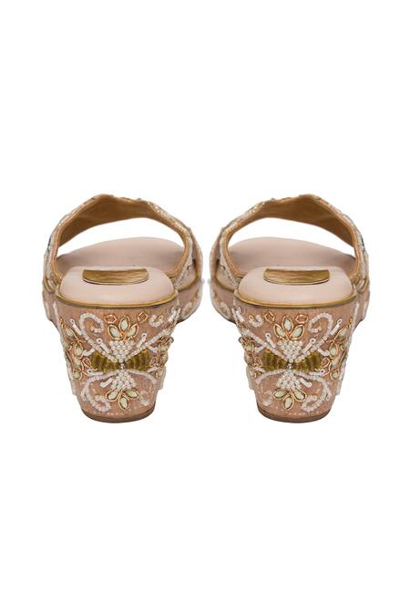 Buy_Kkarma Accessories_Rose Gold Pearls, Sequins Floral Embroidered Cross Strap Wedges _Online_at_Aza_Fashions