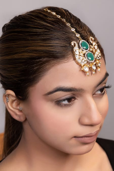 Xago Green Kundan And Bead Maangtikka 