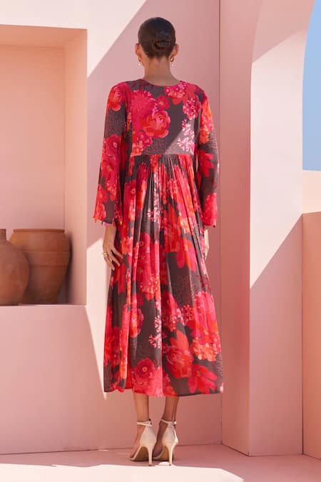 Shop_Archana Shah_Brown Crepe Sequins Open Neck Floral Print Bemberg Midi Dress _at_Aza_Fashions