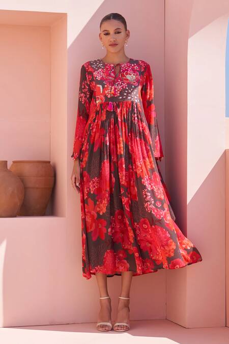 Archana Shah_Brown Crepe Sequins Open Neck Floral Print Bemberg Midi Dress _Online_at_Aza_Fashions