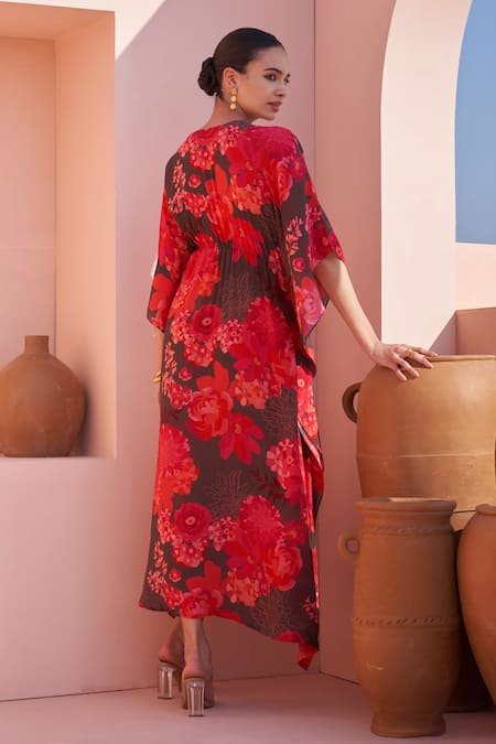 Shop Archana Shah Brown Brocade Embroidery, Sequins, Mirrors Asymmetric Floral Print Kaftan Dress at Aza Fashions Shop_Archana Shah_Brown Brocade Embroidery, Sequins, Mirrors Asymmetric Floral Print Kaftan Dress _at_Aza_Fashions