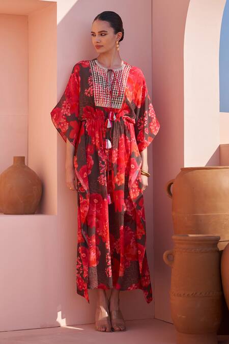 Archana Shah Brown Brocade Embroidery, Sequins, Mirrors Asymmetric Floral Print Kaftan Dress Online at Aza Fashions Archana Shah_Brown Brocade Embroidery, Sequins, Mirrors Asymmetric Floral Print Kaftan Dress _Online_at_Aza_Fashions