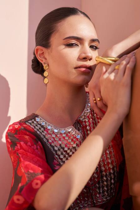 Buy Archana Shah Brown Brocade Embroidery, Sequins, Mirrors Asymmetric Floral Print Kaftan Dress Online at Aza Fashions Buy_Archana Shah_Brown Brocade Embroidery, Sequins, Mirrors Asymmetric Floral Print Kaftan Dress _Online_at_Aza_Fashions